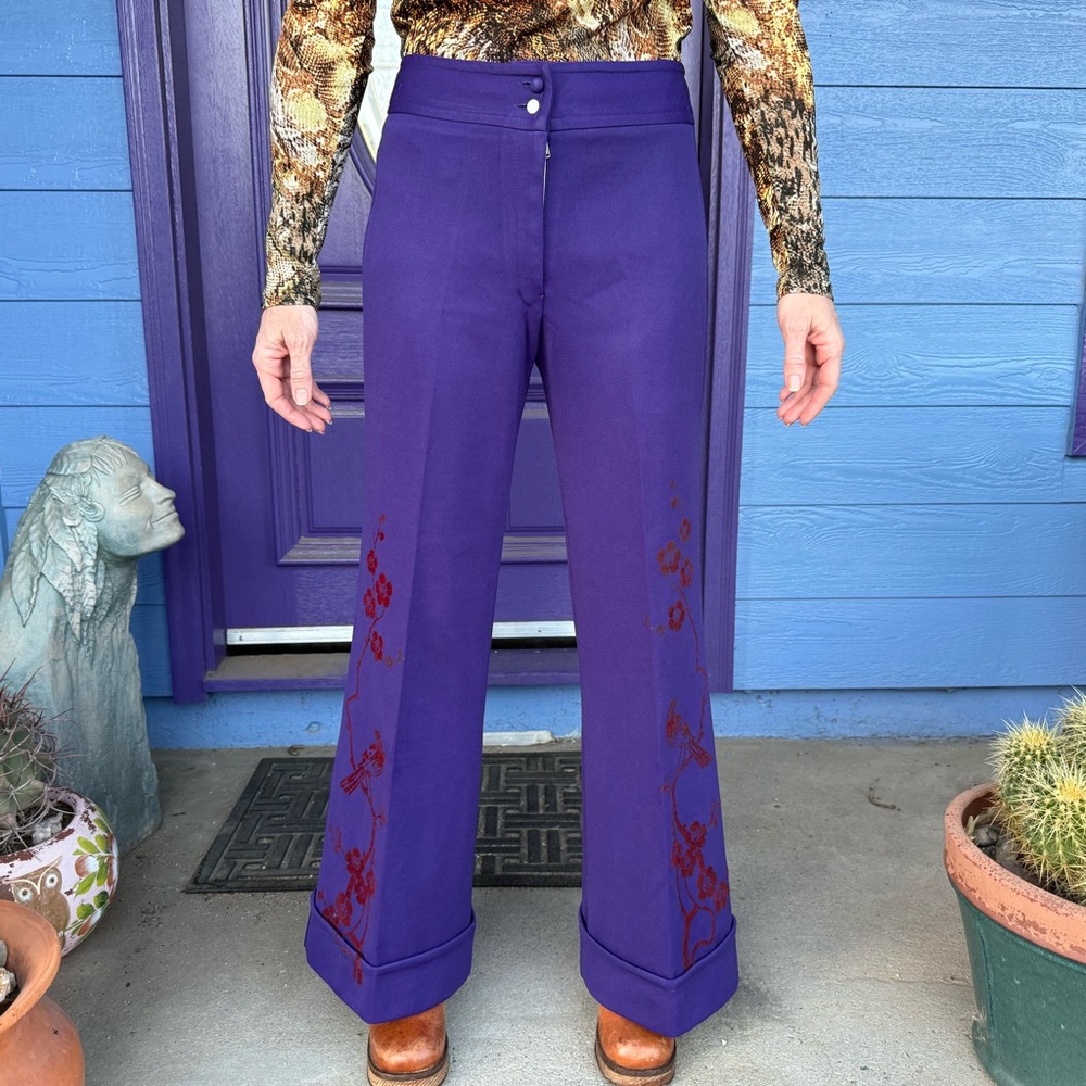 Purple Vintage 1970s Bell Bottom Pants With Flocked Velvet Floral Print
